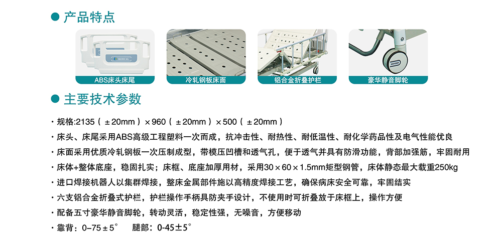 ABS掛式床頭沖孔雙搖護(hù)理床(中控剎車(chē))